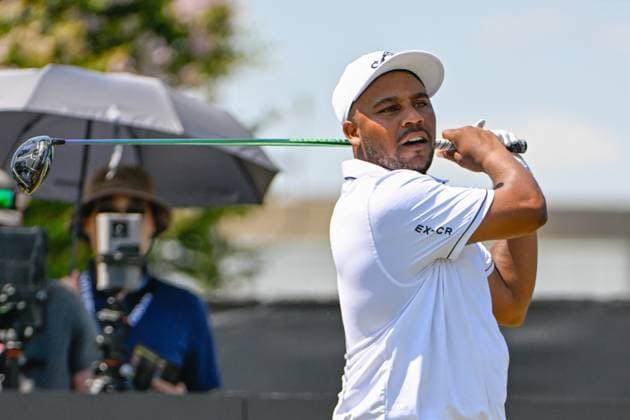 HUMBLE, TX - JUNE 07: Harold Varner III (USA) watches his tee shot on 1 during the first round of the LIV Golf Houston tournament on June 7, 2024 at Golf Club of Houston, in Humble, Texas. (Photo by Ken Murray Icon Sportswire) GOLF: JUN 07 LIV Golf League Houston EDITORIAL USE ONLY Icon2406070401