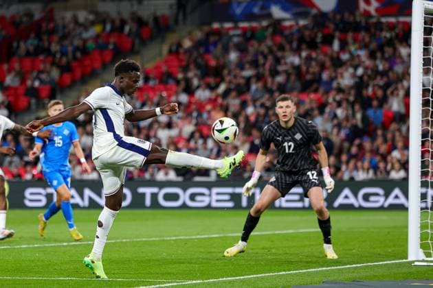 England v Iceland Friendly 07 06 2024. International Bukayo Saka of England shoots towards the goal during the Friendly match between England and Iceland at Wembley Stadium, London, England on 7 June 2024. Editorial use only , Copyright: xNigelxKeenex PSI-19807-0042