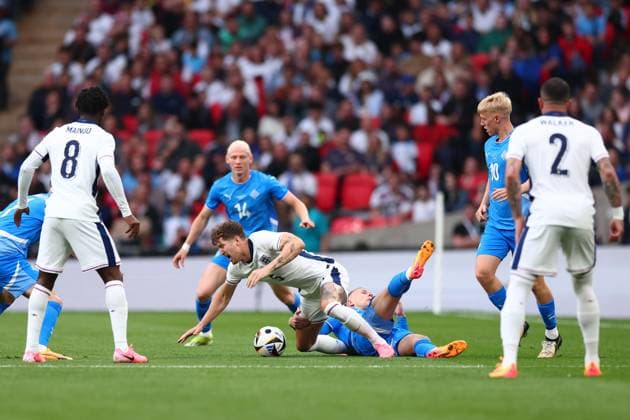 7th June 2024; Wembley Stadium, London, England; International Football Friendly, England versus Iceland; John Stones of England goes down injured  ActionPlus12651916 ShaunxBrooks