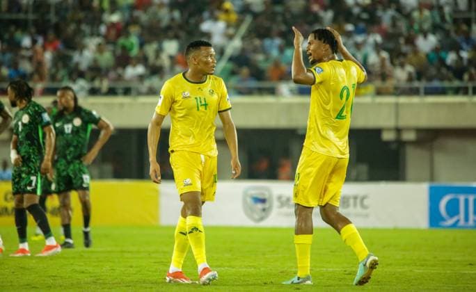 UYO, NIGERIA - JUNE 7: Mvala Mothobi and Ngezana Siyabonga of South Africa during the 2026 FIFA World Cup, WM, Weltmeisterschaft, Fussball Qualifier match between Nigeria and South Africa at Goodswill Akpabio International Stadium on June 7, 2024 in Uyo, Nigeria. Photo by Victor Ihechi Copyright: xGOALSBYVICTOR_2024x