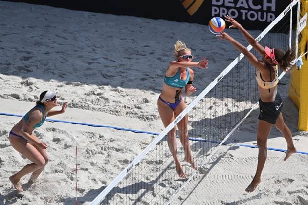 From left Czech Barbora Hermannova, Marie-Sara Stochlova, Ana Patricia Silva Ramos (BRA) in action during the Pro Tour Ostrava match Barbora Hermannova, Marie-Sara Stochlova of Czech Republic vs Ana Patricia Silva Ramos, Eduarda Santos Lisboa (Duda Lisboa) of Brazil in Ostrava, Czech Republic, June 8, 2024. (CTKxPhoto JaroslavxOzana) CTKPhotoP2024060802190  CTKPhotoP2024060802190