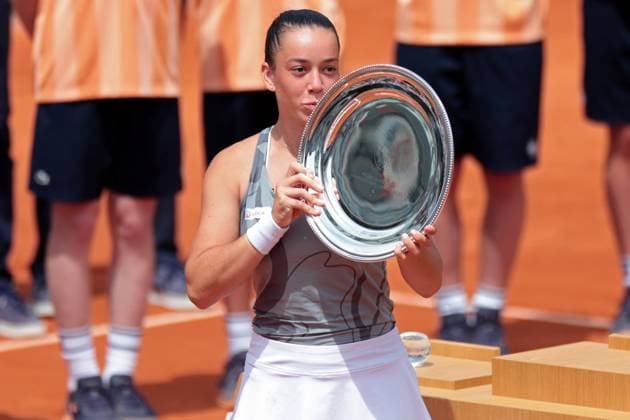 8th June 2024; Roland Garros, Paris, France; 2024 French Open Tennis tournament, Day 14; Tereza Valentova (CZE) lifts the winners plate for Womens Junior Singles Title against Laura Samson (CZE)  ActionPlus12652051 JonxBromley