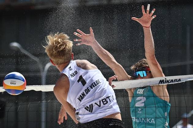 From left Steven van de Velde of Netherlands and Czech Jiri Sedlak in action during the Pro Tour Ostrava match Jakub Sepka, Jiri Sedlak of Czech Republic vs Steven van de Velde, Matthew Immers of Netherlands, Ostrava, Czech Republic, June 8, 2024. (CTKxPhoto JaroslavxOzana) CTKPhotoP2024060803438  CTKPhotoP2024060803438