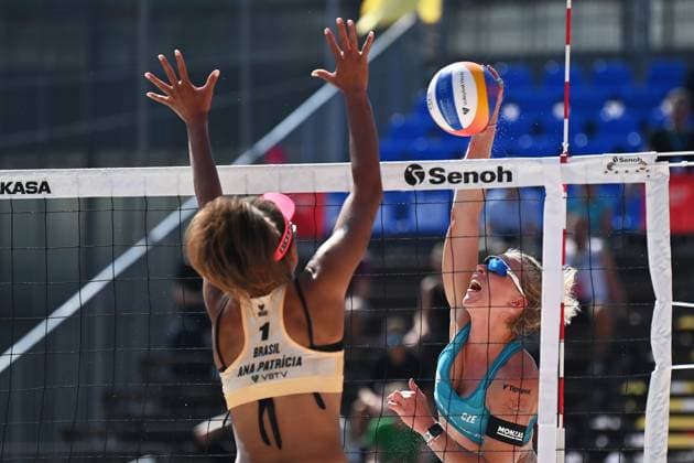 From left Ana Patricia Silva Ramos of Brazil and Czech Marie-Sara Stochlova in action during the Pro Tour Ostrava match Barbora Hermannova, Marie-Sara Stochlova of Czech Republic vs Ana Patricia Silva Ramos, Eduarda Santos Lisboa (Duda Lisboa) of Brazil in Ostrava, Czech Republic, June 8, 2024. (CTKxPhoto JaroslavxOzana) CTKPhotoP2024060803747  CTKPhotoP2024060803747