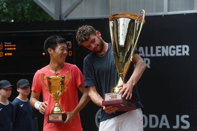 From left Tseng Chun-hsin of Taiwan and winner Jerome Kym of Switzerland hold awards after the singles final of the UniCredit Czech Open tennis challenger in Prostejov, Czech Republic, June 8, 2024. (CTKxPhoto LudekxPerina) CTKPhotoP2024060803386  CTKPhotoP2024060803386