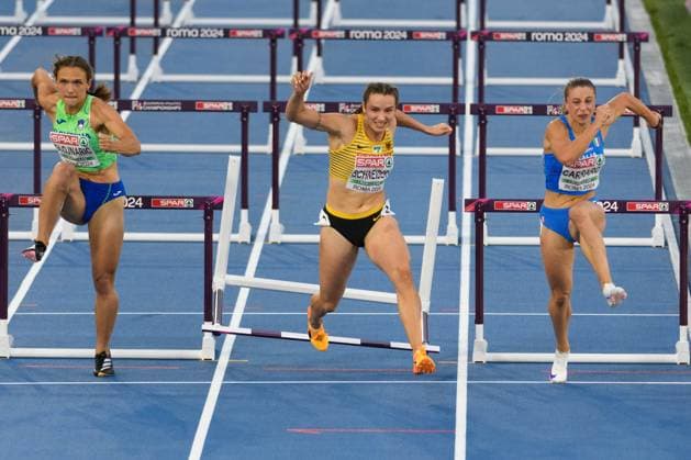 Sport Themen der Woche KW23 Sport Bilder des Tages 08.06.2024, Rome, Stadio Olimpico, European Athletics Championships, Rosina Schneider (Germany) during the 100 metres hurdles semi-final race. *** 08 06 2024, Rome, Stadio Olimpico, European Athletics Championships, Rosina Schneider Germany during the 100 meters hurdles semi final race Copyright: xJustPictures.ch SvenxBeyrichx jp-en-SvBe-20240608-ND5_5007