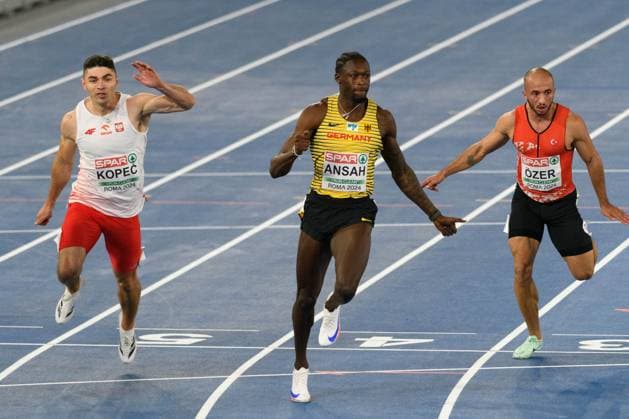 Sport Bilder des Tages 08.06.2024, Rome, Stadio Olimpico, European Athletics Championships, Owen Ansah (Germany) over the finish line during the 100 metres semi-final *** 08 06 2024, Rome, Stadio Olimpico, European Athletics Championships, Owen Ansah Germany over the finish line during the 100 meters semi final Copyright: xJustPictures.ch SvenxBeyrichx jp-en-SvBe-20240608-ND5_5086