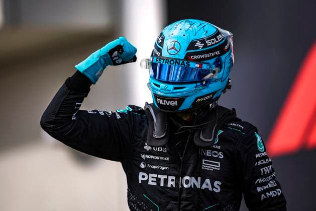 RUSSELL George (gbr), Mercedes AMG F1 Team W15, portrait, celebrate his pole position during the Formula 1 AWS Grand Prix du Canada 2024, 9th round of the 2024 Formula One World Championship, WM, Weltmeisterschaft from June 07 to 09, 2024 on the Circuit Gilles Villeneuve, in MontrÃ al, Canada - F1 - CANADIAN GRAND PRIX 2024 DPPI Panoramic  240608_R09_CANADA_DP_EA025296