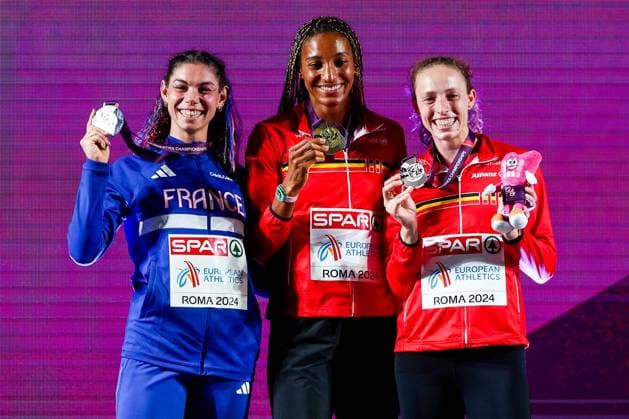 Sport Themen der Woche KW23 Sport Bilder des Tages European Athletics Championships Rome 2024 - day 2 ROME, ITALY - JUNE 08 : Lazraq-Khlass Auriana (FRA), Thiam Nafissatou (BEL) and Vidts Noor (BEL) celebrate during the heptathlon women medal ceremony on day 2 of the Roma 2024 European Athletics Championships on June 8, 2024 in Rome, Italy, 08 06 2024 Rome Italy  Copyright: xTomasxSiskx