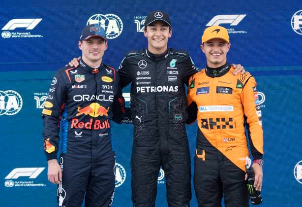 June 8, 2024, Montreal, Pq, Canada: Mercedes driver George Russell, of Great Britain, who won the pole is flanked by second place Red Bull Racing driver Max Verstappen, left, of the Netherlands, and third place McLaren driver Lando Norris, right, of Great Britain, as they pose for photos after the qualifying session at the Canadian Grand Prix Saturday, June 8, 2024 in Montreal. George Russell, Max Verstappen, Lando Norris, - ZUMAc35_ 20240608_zaf_c35_114 Copyright: xRyanxRemiorzx
