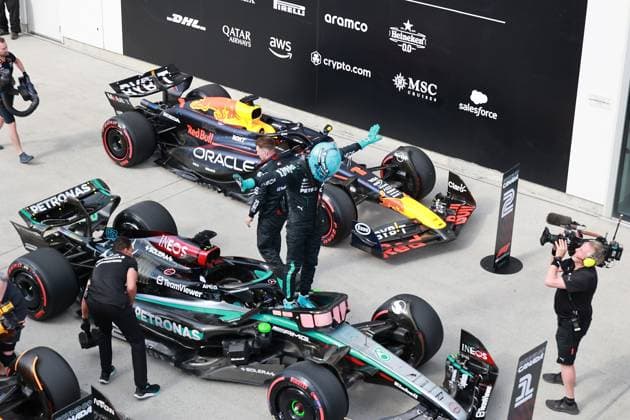 FORMULA 1 AWS GRAND PRIX DU CANADA 2024 08.06.2024, Circuit Gilles-Villeneuve, Montreal, FORMULA 1 AWS GRAND PRIX DU CANADA 2024 , im Bild Poleposition für George Russell (GBR), Mercedes-AMG Petronas Formula One Team, 2. Startplatz für Max Verstappen (NLD), Oracle Red Bull Racing, 3. Startplatz für Lando Norris (GBR), McLaren F1 Team