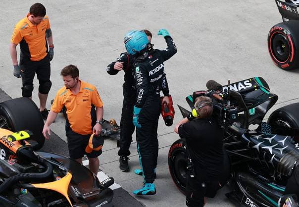 FORMULA 1 AWS GRAND PRIX DU CANADA 2024 08.06.2024, Circuit Gilles-Villeneuve, Montreal, FORMULA 1 AWS GRAND PRIX DU CANADA 2024 , im Bild Poleposition für George Russell (GBR), Mercedes-AMG Petronas Formula One Team, 2. Startplatz für Max Verstappen (NLD), Oracle Red Bull Racing, 3. Startplatz für Lando Norris (GBR), McLaren F1 Team