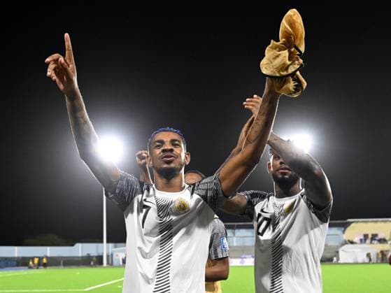 ORANJESTAD - (l-r) Juninho Bacuna of Curacao and Leandro Bacuna of Curacao celebrate the victory during the World Cup qualifying Concacaf match between Aruba v Curacao at the Compleho Deportivo Guillermo Trinidad stadium on June 8, 2024 (local time) in Oranjestad, Aruba. ANP Hollandse Hoogte World Cup 2026 Qualifiers Concacaf 2024 xVIxANPxSportx xGerritxvanxKeulenxIVx 500660144 originalFilename: 500660144.jpg