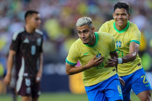 June 8, 2024, College Station, Texas, USA: BrazilÃ¢â‚¬â ¢s ANDREAS PEREIRA (19) and teammate FRANCISCO BARBOSA (21) celebrate PereiraÃ¢â‚¬â ¢s early first period goal during the 2024 Mex Tour friendly soccer match between Mexico and Brazil at Kyle Field in College Station on Saturday. College Station USA - ZUMAm257 20240608_zsp_m257_010 Copyright: xBrianxMcLeanx