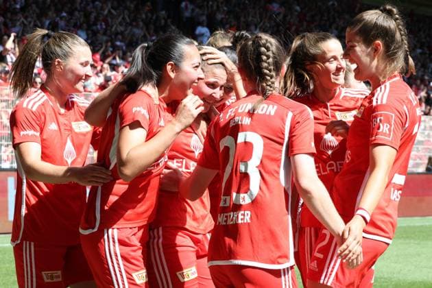 DEU, Region, Frauen, 1.FC Union vs. Henstedt-Ulzburg, 09.06.2024, Stadion Alte Foersterei, Berlin, DEU, Region, Frauen, 1.FC Union vs. Henstedt-Ulzburg, im Bild: 7:0 durch Dina Sophia Orschmannin (1.FC Union Berlin 25), Unioner-Spieler DFL - regulations prohibit any use of Photographs as image sequences and or quasi-video Foto: Juergen Engler nordphoto GmbH