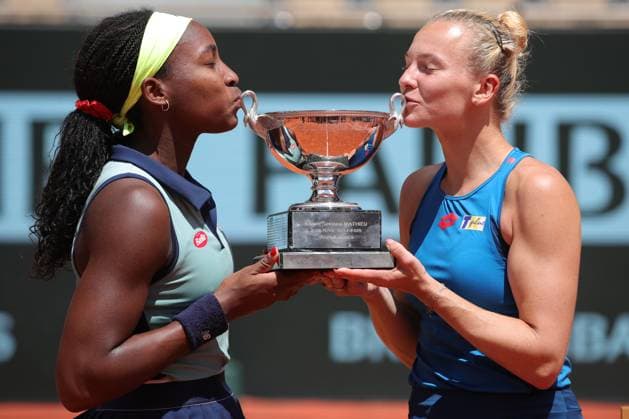 9th June 2024; Roland Garros, Paris, France; 2024 French Open Tennis tournament, Day 15; Coco Gauff (USA) and Katerina Siniakova (CZE) with the Simone-Matthieu winners trophy for ladies doubles after beating Paolini (ITA) and Sara Errani (ITA)  ActionPlus12652577 JonxBromley