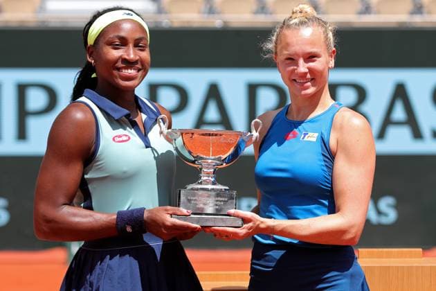 9th June 2024; Roland Garros, Paris, France; 2024 French Open Tennis tournament, Day 15; Coco Gauff (USA) and Katerina Siniakova (CZE) with the Simone-Matthieu winners trophy for ladies doubles after beating Paolini (ITA) and Sara Errani (ITA)  ActionPlus12652578 JonxBromley