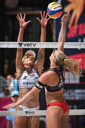 From left Brandie Wilkerson of Canada, Sara Hughes of USA in action during the Pro Tour Ostrava match Sara Hughes, Kelly Cheng of USA vs Melissa Humana-Paredes and Brandie Wilkerson of Canada in Ostrava, Czech Republic, June 9, 2024. (CTKxPhoto JaroslavxOzana) CTKPhotoP2024060903541  CTKPhotoP2024060903541