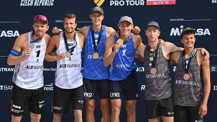 From left second Stefan Boermans and Yorick de Groot of Netherlands, centre Jonatan Hellvig and David Ahman of Sweden celebrate gold medal and bronze Andrew Benesch and Miles Partain of USA on podium after the Pro Tour Ostrava tournament in Ostrava, Czech Republic, June 9, 2024. (CTKxPhoto JaroslavxOzana) CTKPhotoP2024060904507  CTKPhotoP2024060904507