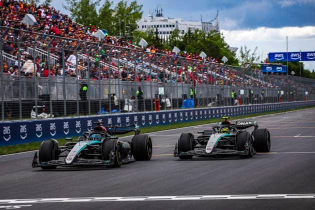 44 HAMILTON Lewis (gbr), Mercedes AMG F1 Team W15 and 63 RUSSELL George (gbr), Mercedes AMG F1 Team W15, action during the Formula 1 AWS Grand Prix du Canada 2024, 9th round of the 2024 Formula One World Championship, WM, Weltmeisterschaft from June 07 to 09, 2024 on the Circuit Gilles Villeneuve, in MontrÃ al, Canada - F1 - CANADIAN GRAND PRIX 2024 DPPI Panoramic  240609_R09_CANADA_DP_XB3_5883