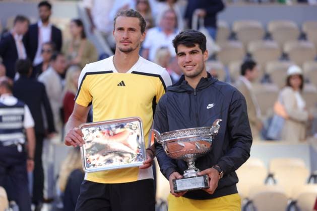 Alexander Zverev, GER, and Carlos Alcaraz, ESP, after final of 2024 French Open at Roland Garros, Paris, 09 06 2024; -