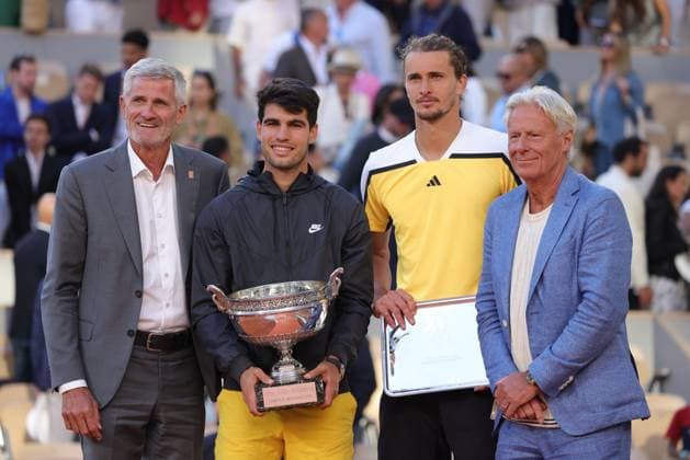 Gilles Moretton FRA, Carlos Alcaraz ESP, Alexander Zverev GER, Björn Borg SWE - after final of 2024 French Open at Roland Garros, Paris, 09 06 2024; -
