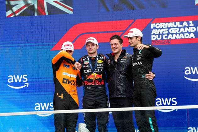 Podium: NORRIS Lando (gbr), McLaren F1 Team MCL38, VERSTAPPEN Max (ned), Red Bull Racing RB20, RUSSELL George (gbr), Mercedes AMG F1 Team W15, portrait during the Formula 1 AWS Grand Prix du Canada 2024, 9th round of the 2024 Formula One World Championship, WM, Weltmeisterschaft from June 07 to 09, 2024 on the Circuit Gilles Villeneuve, in Montrà al, Canada - F1 - CANADIAN GRAND PRIX 2024 DPPI Panoramic 240609_R09_CANADA_DP_FGOO8108