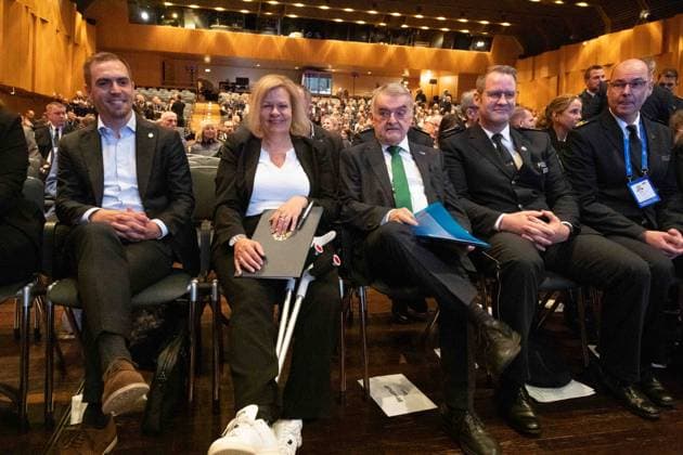 v.l. Philipp LAHM, Turnierdirektor UEFA EURO, EM, Europameisterschaft,Fussball 2024, Nancy FAESER, Bundesinnenministerin, SPD, und Herbert REUL, CDU, Innenminister, Minister des Innern des Landes Nordrhein-Westfalen, Oliver STRUDTHOFF, Leiter des IPCC, Eroeffnung des IPCC International Police cooperation Center fuer die UEFA Fussball Europameisterschaft 2024, , Neuss, am 10.06.2024. Â