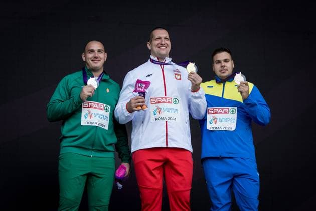 Leichtathletik-Europameisterschaften; Rom, 10.06.2024 Podium of the mens hammer throw, left to right: Bence HALASZ (HUN), silver Wojciech NOWICKI (POL), gold Mykhaylo KOKHAN (UKR), bronze at the European Athletics Championships on June 10, 2024 in Rome. Copyright: xBEAUTIFULxSPORTS OlafxRellischx