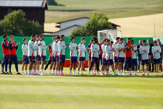 The players of the Spanish national team, Nationalteam participate in a training session at the SV Aasen Sports Center, in the town of Donaueschingen, Germany, 10 June 2024, where they establish their headquarters for the Euro 2024. Spain opens its first training session in Germany !ACHTUNG: NUR REDAKTIONELLE NUTZUNG!  Copyright: xJ.J.xGuillenx GRAF8330 20240610-55013833657_1