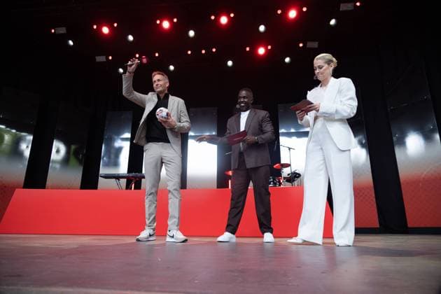 (L-R) Head coach Kasper Hjulmand of Denmark, and the hosts, Melvin Kakooza and Camilla Martin on the stage in Tivoli in Copenhagen Monday June, 10, 2024. DBU, TV2 and Tivoli send the Danish men s national football team off to the UEFA EURO, EM, Europameisterschaft,Fussball 2024 with a live show from Tivoli in Copenhagen Copenhagen Tivoli Denmark Copyright: xKristianxTuxenxLadegaardxBergx 2E6A3854
