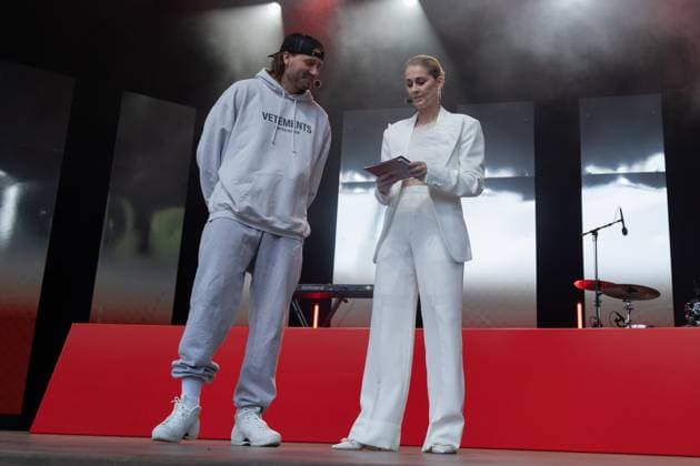 Nicklas Bendtner (L), former striker on the Danish national team, Nationalteam is interviewed by host Camilla Martin (R) from TV2 in Tivoli in Copenhagen Monday, June 10, 2024. DBU, TV2 and Tivoli send the Danish men s national football team off to the UEFA EURO, EM, Europameisterschaft,Fussball 2024 with a live show from Tivoli in Copenhagen Copenhagen Tivoli Denmark Copyright: xKristianxTuxenxLadegaardxBergx 2E6A5342