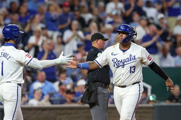 June 10, 2024: Kansas City Royals first baseman Salvador Perez (13) is congratulated for scoring a run by Kansas City Royals outfielder MJ Melendez (1) against the New York Yankees at Kauffman Stadium in Kansas City, MO. CSM Kansas City United States of America - ZUMAc04_ 20240610_zma_c04_013 Copyright: xDavidxSmithx