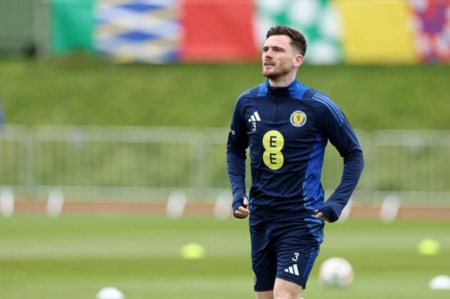 Andy Robertson of Scotland during the training session Scotland Training Session and press conference, PK, Pressekonferenz UEFA European Championship, EM, Europameisterschaft 2024, Group A Football, Stadion am Groben, Garmisch-Partenkirchen, Germany, 11 Jun 2024 EDITORIAL USE ONLY No use with unauthorised audio, video, data, fixture lists, club league logos or live services. Online in-match use limited to 120 images, no video emulation. No use in betting, games or single club league player publications. Copyright: xPaulxCurrie Shutterstockx 14523736g
