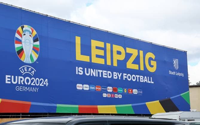 EM Host City Leipzig Stadium Open Media Day Leipzig, 11.06.2024, Stadion Leipzig, Fussball, UEFA EURO, EM, Europameisterschaft,Fussball 2024, Host City Leipzig , Offener Medientag im Stadion. , Im Foto; EM UEFA Branding. Leipzig is united by football. , Nur zur redaktionellen Nutzung. Only editorial use. ,