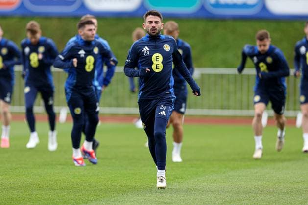 Greg Taylor of Scotland during the training session Scotland Training Session and press conference, PK, Pressekonferenz UEFA European Championship, EM, Europameisterschaft 2024, Group A Football, Stadion am Groben, Garmisch-Partenkirchen, Germany, 11 Jun 2024 EDITORIAL USE ONLY No use with unauthorised audio, video, data, fixture lists, club league logos or live services. Online in-match use limited to 120 images, no video emulation. No use in betting, games or single club league player publications. Copyright: xPaulxCurrie Shutterstockx 14523736r