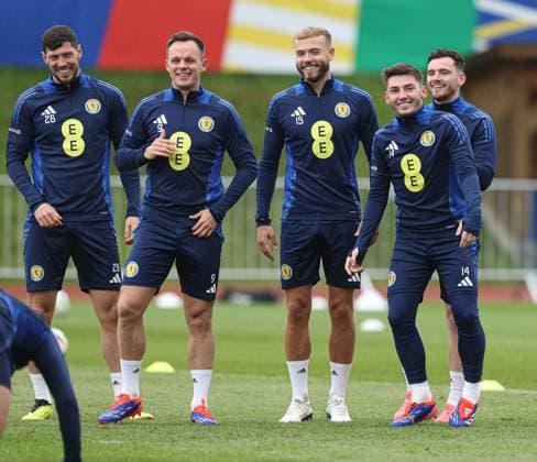 Billy Gilmour of Scotland and team mates during the training session Scotland Training Session and press conference, PK, Pressekonferenz UEFA European Championship, EM, Europameisterschaft 2024, Group A Football, Stadion am Groben, Garmisch-Partenkirchen, Germany, 11 Jun 2024 EDITORIAL USE ONLY No use with unauthorised audio, video, data, fixture lists, club league logos or live services. Online in-match use limited to 120 images, no video emulation. No use in betting, games or single club league player publications. Copyright: xPaulxCurrie Shutterstockx 14523736bu