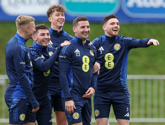 Billy Gilmour of Scotland, Kenny McLean and Andy Robertson during the training session Scotland Training Session and press conference, PK, Pressekonferenz UEFA European Championship, EM, Europameisterschaft 2024, Group A Football, Stadion am Groben, Garmisch-Partenkirchen, Germany, 11 Jun 2024 EDITORIAL USE ONLY No use with unauthorised audio, video, data, fixture lists, club league logos or live services. Online in-match use limited to 120 images, no video emulation. No use in betting, games or single club league player publications. Copyright: xPaulxCurrie Shutterstockx 14523736ce