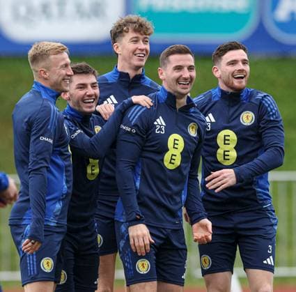 Billy Gilmour of Scotland, Kenny McLean and Andy Robertson during the training session Scotland Training Session and press conference, PK, Pressekonferenz UEFA European Championship, EM, Europameisterschaft 2024, Group A Football, Stadion am Groben, Garmisch-Partenkirchen, Germany, 11 Jun 2024 EDITORIAL USE ONLY No use with unauthorised audio, video, data, fixture lists, club league logos or live services. Online in-match use limited to 120 images, no video emulation. No use in betting, games or single club league player publications. Copyright: xPaulxCurrie Shutterstockx 14523736cf