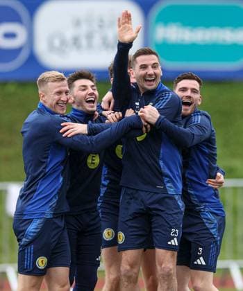 Billy Gilmour of Scotland, Kenny McLean and Andy Robertson during the training session Scotland Training Session and press conference, PK, Pressekonferenz UEFA European Championship, EM, Europameisterschaft 2024, Group A Football, Stadion am Groben, Garmisch-Partenkirchen, Germany, 11 Jun 2024 EDITORIAL USE ONLY No use with unauthorised audio, video, data, fixture lists, club league logos or live services. Online in-match use limited to 120 images, no video emulation. No use in betting, games or single club league player publications. Copyright: xPaulxCurrie Shutterstockx 14523736cd