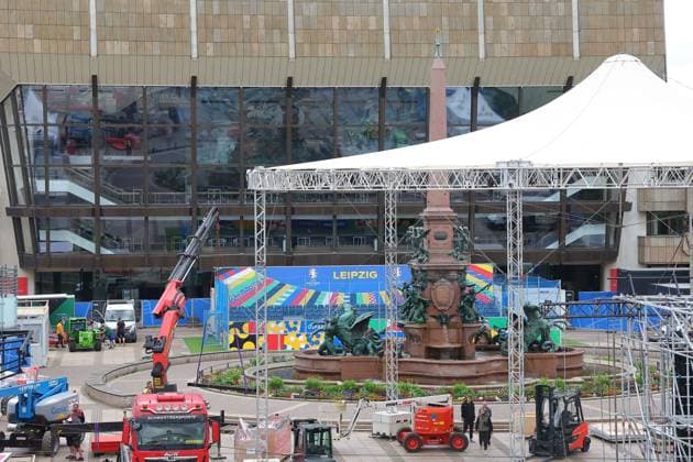 Rundgang Fanzone Augustusplatz Leipzig UEFA EURO, EM, Europameisterschaft,Fussball 2024 Leipzig, 11.06.2024, Augustusplatz, UEFA EURO 2024, Rundgang Fanzone EURO Festival 2024 Im Bild: Baustelle UEFA EURO 2024 Fan Zone vor dem Gewandhaus Leipzig ,