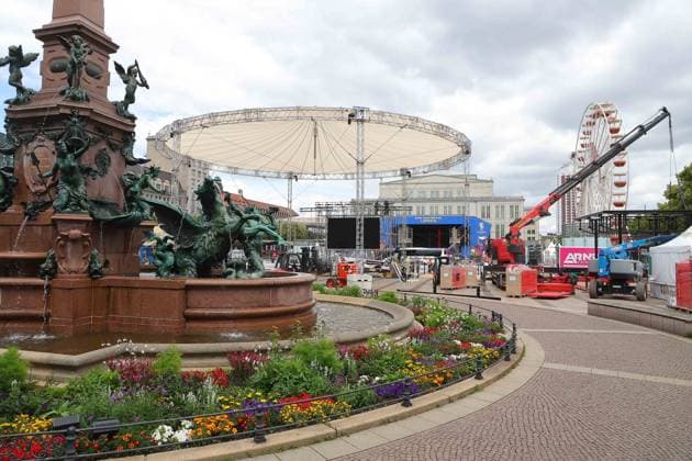 Rundgang Fanzone Augustusplatz Leipzig UEFA EURO, EM, Europameisterschaft,Fussball 2024 Leipzig, 11.06.2024, Augustusplatz, UEFA EURO 2024, Rundgang Fanzone EURO Festival 2024 Im Bild: Baustelle UEFA EURO 2024 Fan Zone vor dem Gewandhaus Leipzig ,