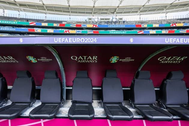 Stadium Open Media Day; Arena Frankfurt, 11.06.2024 Blick auf die Spielerbank mit UEFA EURO, EM, Europameisterschaft,Fussball 2024 Schriftzug; Qatar Airways; Stadium Open Media Day; Arena Frankfurt, 11.06.2024 Copyright: xBEAUTIFULxSPORTS Hahnex