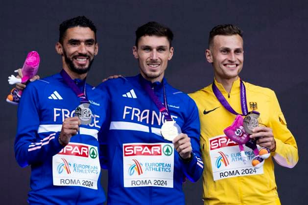 ATHLETICS - European Athletics Championships ROME,ITALY,11.JUN.24 - ATHLETICS - European Athletics Championships,medal ceremony. Image shows Djilali Bedrani, Alexis Miellet (FRA) and Karl Bebendorf (GER). keywords: medal.  GEPAxpictures xPatrickxSteiner