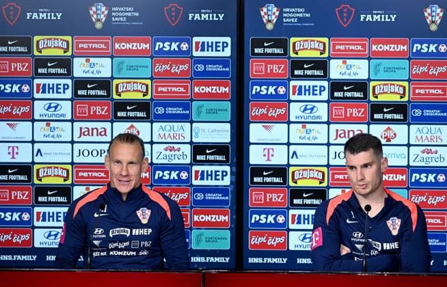 EURO 2024, Nationalteam Kroatien, Pressekonferenz Croatia EURO 2024 press conference, PK, Pressekonferenz Domagoj Vida and Dominik Livkovic of Croatia speak during a Croatia national team, Nationalteam press conference at UEFA EURO, EM, Europameisterschaft,Fussball 2024 Croatia base camp in Neuruppin, Germany on June 11, 2024. MarkoxLukunic PIXSELL