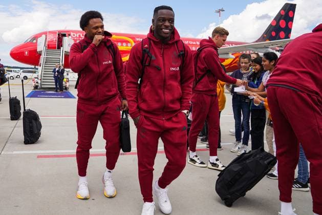 Belgium Media Activities UEFA EURO, EM, Europameisterschaft,Fussball 2024 12 06 2024 LUDWIGSBURG, GERMANY - JUNE 12 : Mangala Orel midfielder of Belgium and Doku Jeremy forward of Belgium pictured during arrival at the UEFA Euro 2024 European Football Championship tournament on June 12, 2024 in Ludwigsburg, Germany, 12 06 2024 Ludwigsburg Germany  Copyright: xRoyalxBelgianxFootballxAssociationx