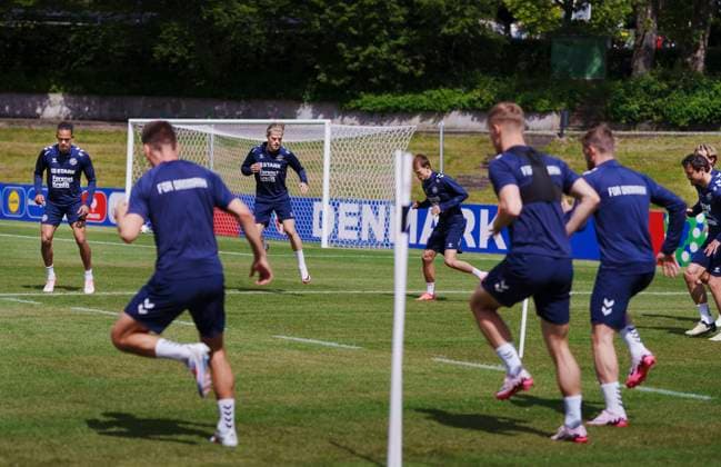 Yussuf Poulsen, Morten Hjulmand and Mikkel Damsgaard during Denmarks national soccer team s training in Freudenstadt, Germany, Wednesday June 12, 2024 , Freudenstadt Tyskland Copyright: Ritzau Scanpix LiselottexSabroex spdk20240612-120028-L