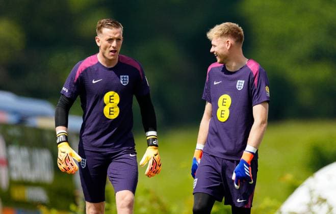England Goalkeepers Jordan Pickford and Aaron Ramsdale England Training Session and press conference, PK, Pressekonferenz UEFA European Championship, EM, Europameisterschaft 2024, Group C, Football, Spa & Golf Resort Weimarer Land, Blankenhain, Germany, 12 Jun 2024 EDITORIAL USE ONLY No use with unauthorised audio, video, data, fixture lists, club league logos or live services. Online in-match use limited to 120 images, no video emulation. No use in betting, games or single club league player publications.  Copyright: xDavexShopland Shutterstockx 14523751ab