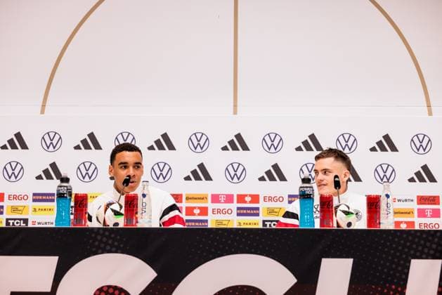 Trainingslager Vorbereitung UEFA EURO 2024 Deutschland; 12.06.2024 Jamal Musiala (Deutschland, 10) und Florian Wirtz (Deutschland, 17) Trainingslager Vorbereitung UEFA EURO 2024 Deutschland - Pressekonferenz; HerzoBase, Herzogenaurach am 12.06.2024 Copyright: xBEAUTIFULxSPORTS Wunderlx