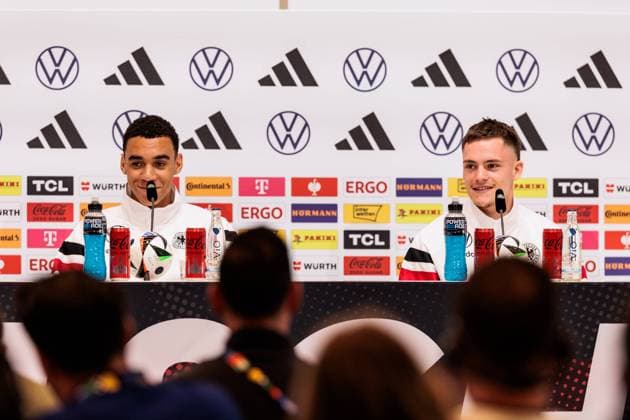 Trainingslager Vorbereitung UEFA EURO 2024 Deutschland; 12.06.2024 Jamal Musiala (Deutschland, 10) und Florian Wirtz (Deutschland, 17) Trainingslager Vorbereitung UEFA EURO 2024 Deutschland - Pressekonferenz; HerzoBase, Herzogenaurach am 12.06.2024 Copyright: xBEAUTIFULxSPORTS Wunderlx